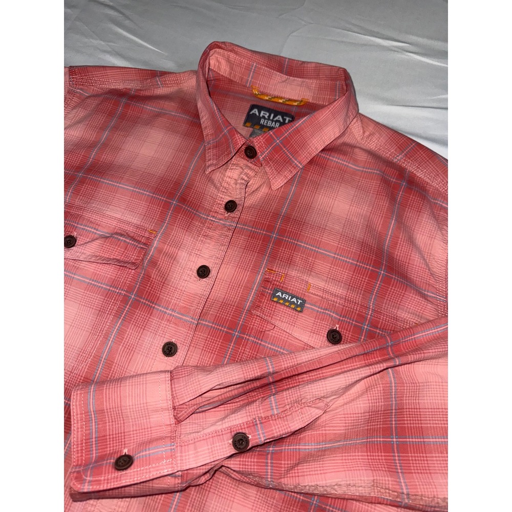 Ariat Rebar Women XL Pink Plaid Durastretch LS Work Shirt 10048719 Roll Tab